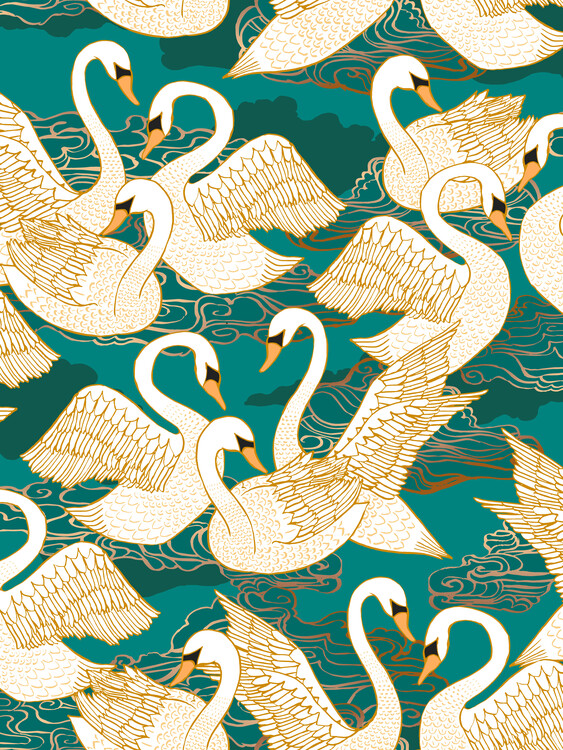 Papier peint Swans - Turquoise