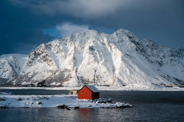 Samolepka Red cabin in a fjord in winter