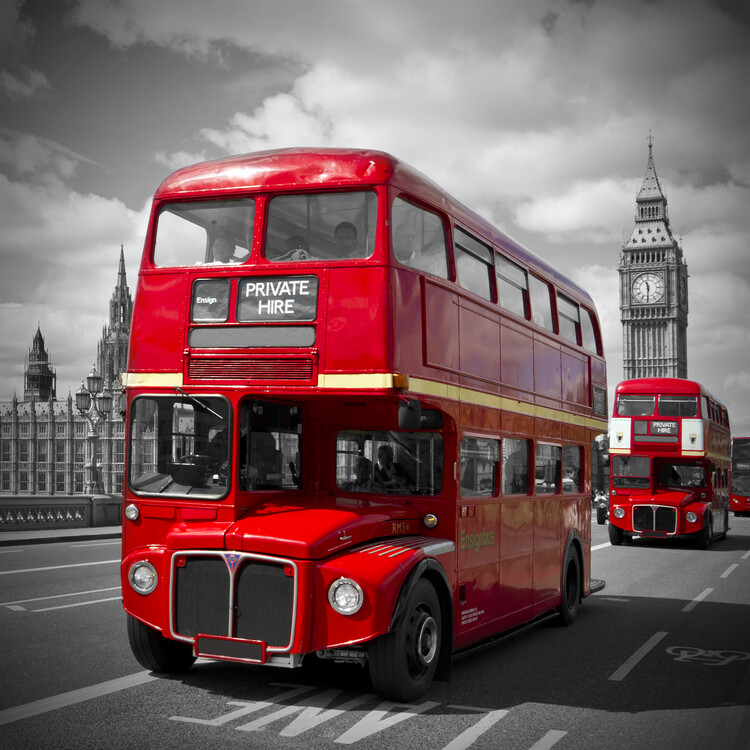 Stampa su tela LONDON Red Buses on Westminster Bridge
