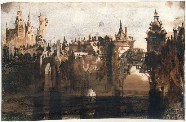 Quadro su tela Town with a Broken Bridge