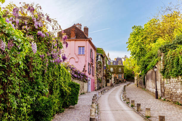 Tablou pe pânză Street in Montmartre with blooming wisteria