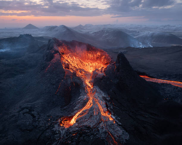Tableau sur toile Aerial view of volcano crater lava