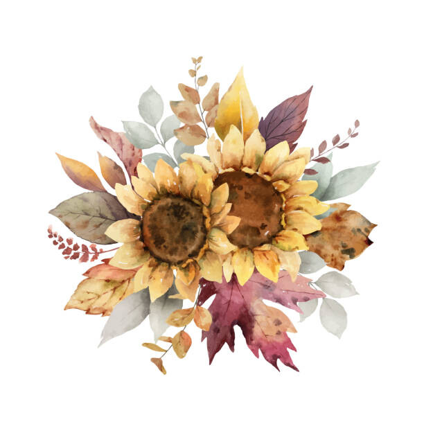 Tableau sur toile Watercolor vector autumn bouquet with sunflower,