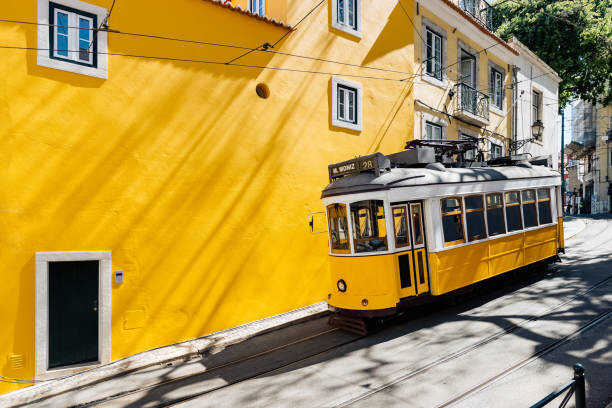Tableau sur toile Yellow tram moving past yellow building