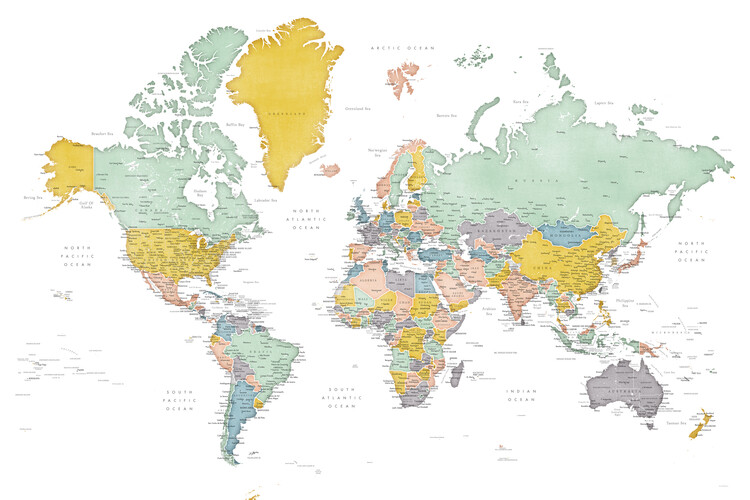 Detailed world map in mid-century colors, Patti фототапет