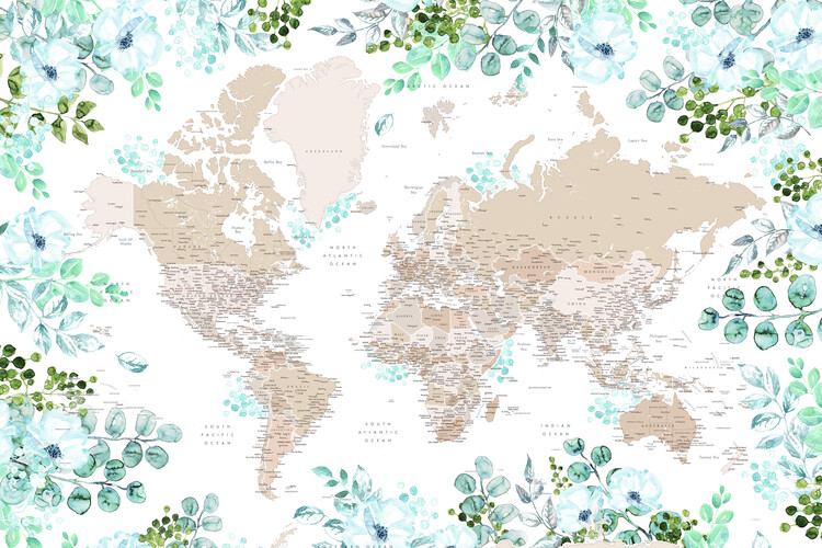 Ταπετσαρία τοιχογραφία Floral bohemian world map with cities, Leanne
