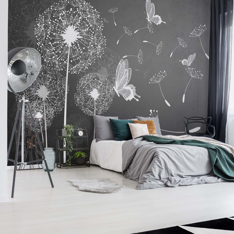 Modern Dandelions And Butterflies Grey And White Wall Paper Mural | Buy at  UKposters