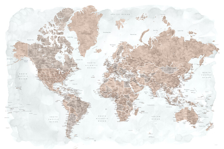 Neutrals and muted blue watercolor world map with cities, Calista фототапет