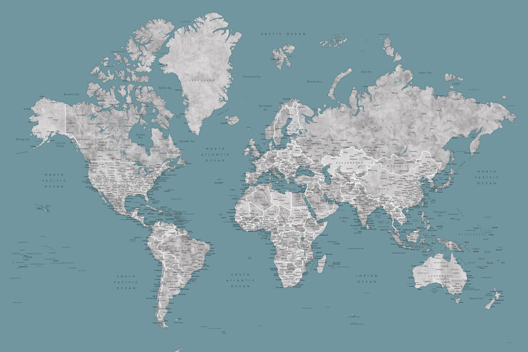 Ταπετσαρία τοιχογραφία Teal and grey detailed watercolor world map with cities, Urian