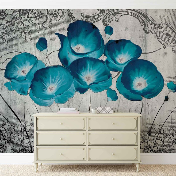 Vintage Flowers Blue Grey Wall Paper Mural Buy at EuroPosters