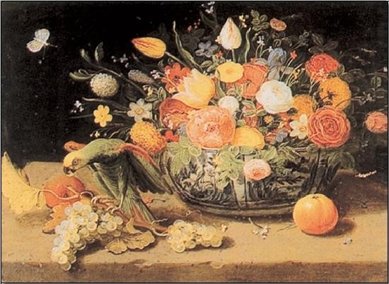 Still Life of Flowers and a Parrot Художествено Изкуство