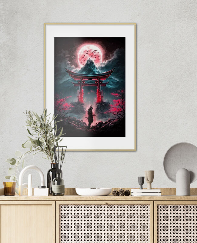 Affiche D'Art 'Red Samurai' Style Anime - Impression Giclée Sur Papier Mat - Cadre Noir - Format A2 (59,4 X 42 Cm)