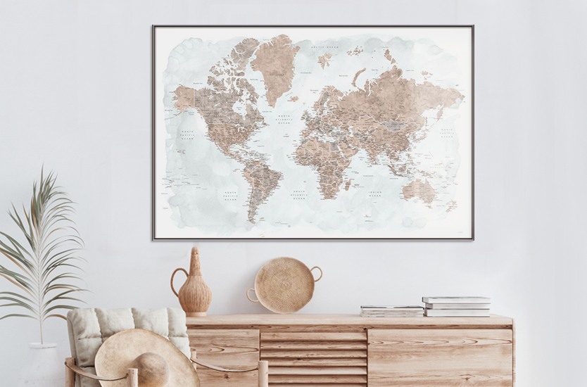 Carte Neutrals and muted blue watercolor world map with cities, Calista