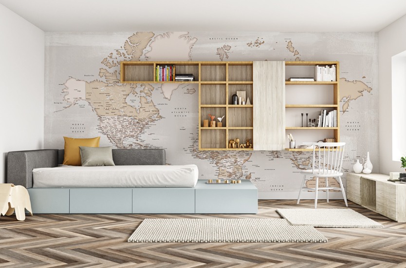Karta Neutrals and muted blue watercolor world map with cities, Calista