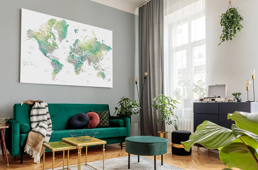 Harta Watercolor world map with cities in muted green, Oriole